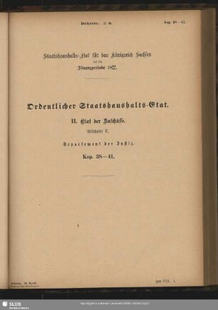 II. Etat der Zuschüsse. Abschnitt E. Departement der Justiz. Kap. 38-41