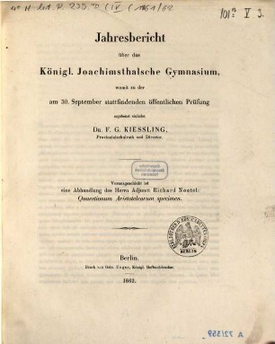 Jahresbericht über das Königl. Joachimsthalsche Gymnasium : für das Schuljahr .... 1861/62