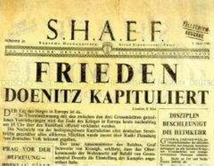 Nachrichtenblatt des Alliierten Hauptquartiers zur bedingungslosen Kapitulation aller deutschen Streitkräfte (viersprachig)