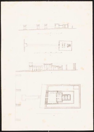 Tempelanlagen in Ägypten: z. T. Druck von Inv.Nr. 44897, wie Inv.Nr. 44892,2: Zwei Grundrisse, zwei Längsschnitte, Maßstabsleisten
