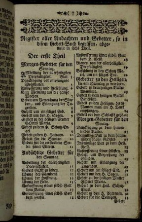 Register aller Andachten und Gebetter, so in disem Gebett-Buch begriffen, abgetheilt in sechs Theil.