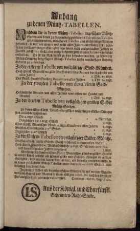 Anhang zu denen Müntz-Tabellen : Hannover, den 20. Aug. 1740.