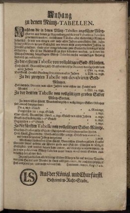 Anhang zu denen Müntz-Tabellen : Hannover, den 20. Aug. 1740.