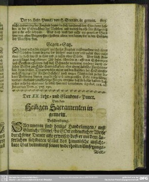 Der XX. Lehr- und Glaubens-Punct. Von den Heiligen Sacramenten in gemein