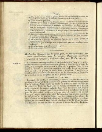 Recherches chimiques sur les corps gras, et particulièrement sur leurs combinaisons avec les alcalis. Quatrième Mémoire présenté à l'institut, le 8 mai 1815