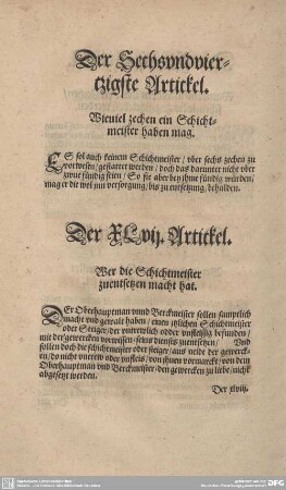 Der Sechsundviertzigste Artickel. Wieviel zechen ein Schichtmeister haben mag.