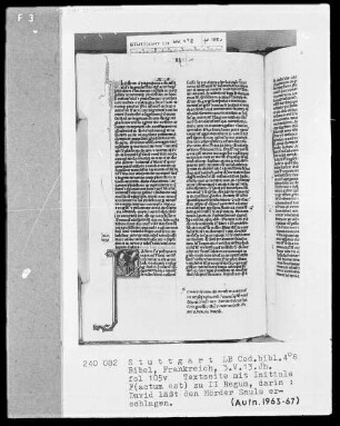 Lateinische Taschenbibel — Initiale F (actum est), darin wird der Bote mit der Nachricht von Sauls Tod erschlagen, Folio 105verso