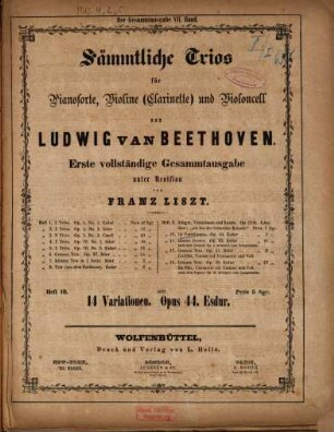 Sämmtliche Trios : für Pianoforte, Violine (Clarinette) und Violoncell, 10. 14 Variationen, op. 44, Es-Dur