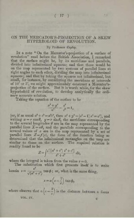 On the Mercator's-Projection of a skew hyperboloid of revolution.