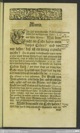 Leichenpredigt : Gottseliger Christen gesegnetes Leben und Sterben. Antrit. Textus. Eingang. Abhandelung. Gebrauch