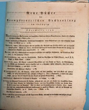Neue Bücher der Baumgärtnerschen Buchhandlung in Leipzig, 1798 (Ostermesse)