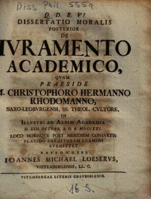 Dissertatio Moralis Posterior De Ivramento [Iuramento] Academico