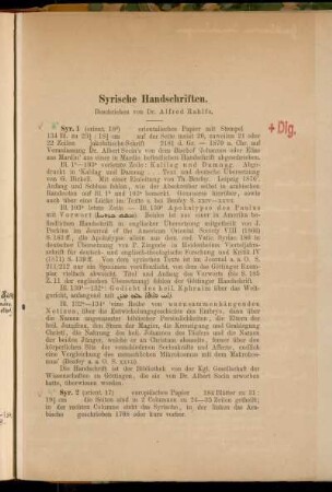 Syrische Handschriften. Beschrieben von Dr. Alfred Rahlfs. [8° Cod. Ms. syr. 1 - Cod. Ms. syr. 28]
