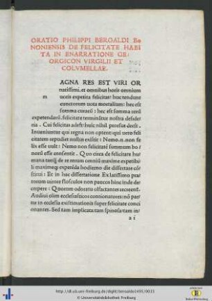 Oratio Philippi Beroaldi Bononiensis de Felicitate