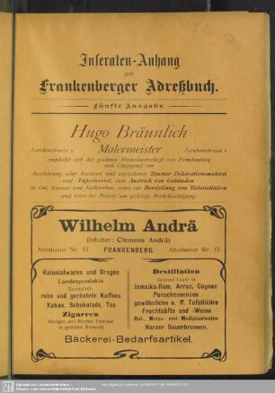 Anzeigen : Inseraten-Anhang zum Frankenberger Adreßbuch