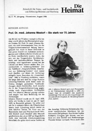 Prof. Dr. med. Johanna Mestorf - Sie starb vor 75 Jahren