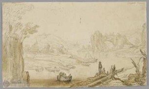 Flußlandschaft mit Felsentor rechts hinten