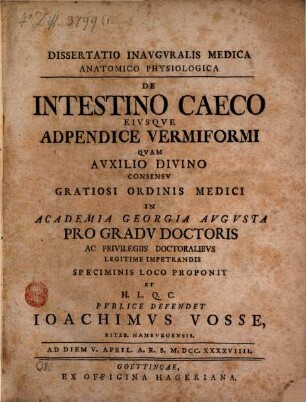 Dissertatio Inavgvralis Medica Anatomico Physiologica De Intestino Caeco Eivsqve Adpendice Vermiformi