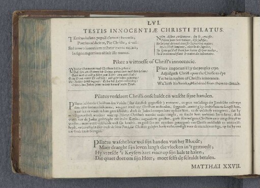 LVI. Testis innocentiae Christi Pilatus. Pilate a wittnesse of Christ's innocencie. Pilatus verklaert Christi onschuldt en wascht sijne handen.