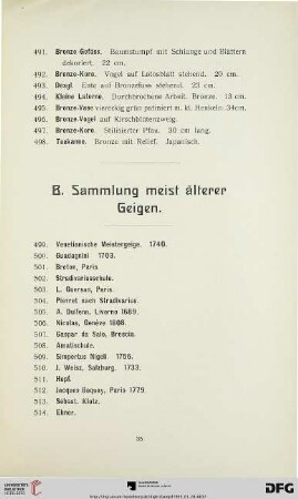 B. Sammlung meist älterer Geigen (Nr. 499-523)