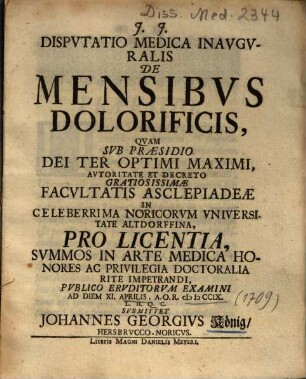 Dispvtatio Medica Inavgvralis De Mensibvs Dolorificis
