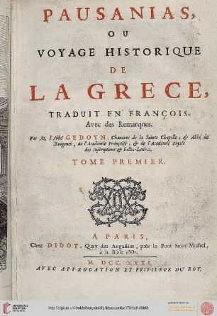 Band 1: Pausanias, Ou Voyage Historique De La Grèce