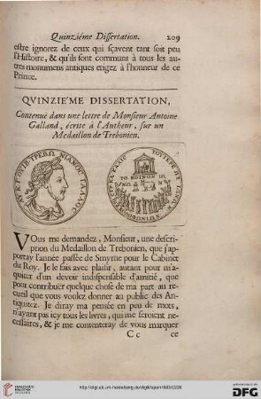 Quinzième dissertation, Contenuë dans une lettre de Monsieur Antoine Galland, écrite à l'Autheur, sur un Medaillon de Trebonien