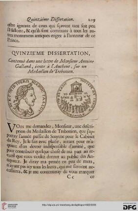 Quinzième dissertation, Contenuë dans une lettre de Monsieur Antoine Galland, écrite à l'Autheur, sur un Medaillon de Trebonien