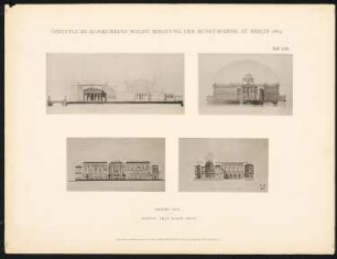 Wettbewerb Museumsinsel, Berlin: Projekt XXVI, Ansichten, Querschnitt, Längsschnitt (aus: Concurrenzentwürfe wegen Bebauung d. Museumsinsel zu Berlin. Auswahl d. preisgekrönten u. besten Entwürfe, Berlin 1884)