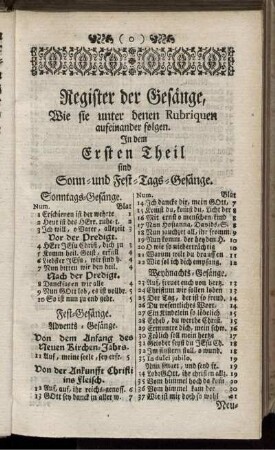 Register der Gesänge, Wie sie unter denen Rubriquen aufeinander folgen.