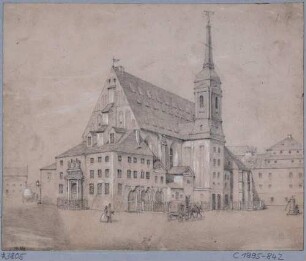 Die alte Sophienkirche in Dresden 1869 umgebaut nach Nordosten, mit dem Goldenen Tor (Renaissancetor, bis 1737 an der Schlosskapelle)