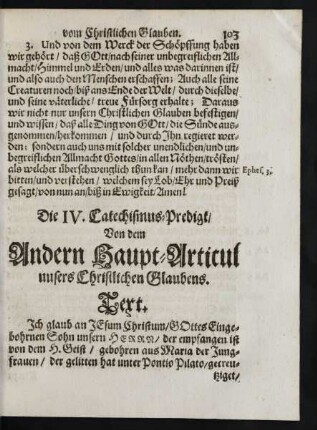 Die IV. Catechismus-Predigt/ Von dem Andern Haupt-Articul unsers Christlichen Glaubens.
