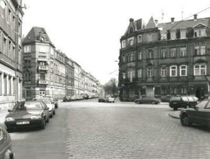 Dresden-Pieschen, Mohnstraße. Blick über die Rehefelder Straße nach Nordost