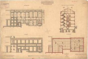 Mellinger, Ludwig von; München; Armeemuseum - Neubau, Galeriestraßenflügel (Grundriss Fundament, Grundriss Keller, Grundriss Sparrenlage) Treppenhaus Ost (Schnitt)