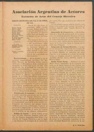 Asociación argentina de actores : Extractos de actas del consejo directivo