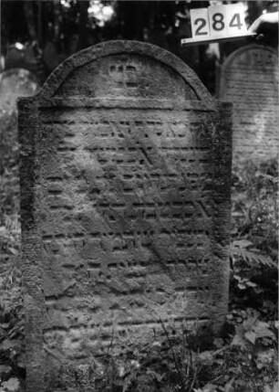 Grabstein 284 (Index: 99803426) Material: Sandstein Zustand: verwitt/Textverlust Maße HxBxT: 104x63x10 cm Beschreibung: Stele mit Karniesbogen, profilierter Rand, Giebelfeld: Grabstein 284