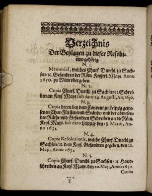 Verzeichnis Der Beylagen zu dieser Resolution gehörig.