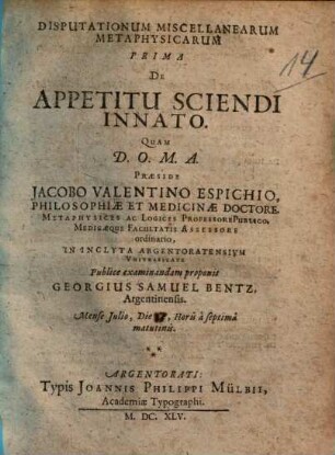 Disputationum Miscellanearum Metaphysicarum Prima De Appetitu Sciendi Innato
