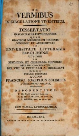 De vermibus in circulatione viventibus : diss. inaug. physiol. ; c. tab. lithos.