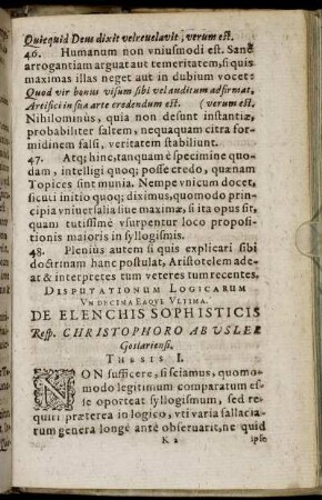 Disputationum Logicarum Undecima Eaque Ultima. De Elenchis Sophisticis