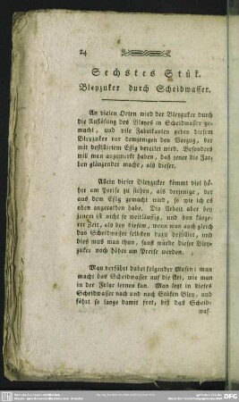 Sechstes Stük. Bleyzuker durch Scheidwasser