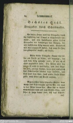 Sechstes Stük. Bleyzuker durch Scheidwasser