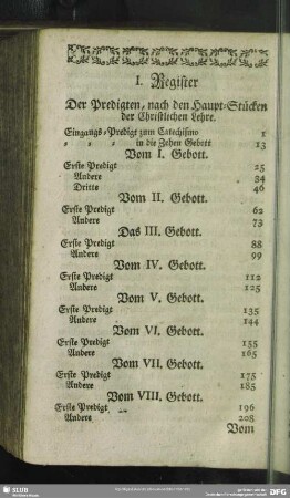 I. Register Der Predigten, nach den Haupt-Stücken der Christlichen Lehre