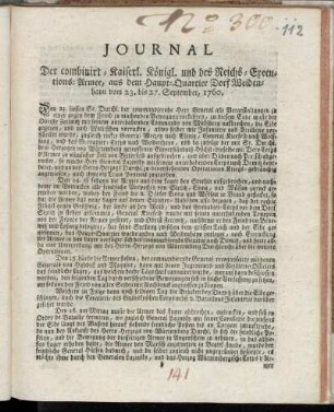 Journal Der combinirt-Kaiserl. Königl. und des Reichs-Executions-Armee, aus dem Haupt-Quartier Dorf Weidenhayn vom 23. bis 27. September, 1760