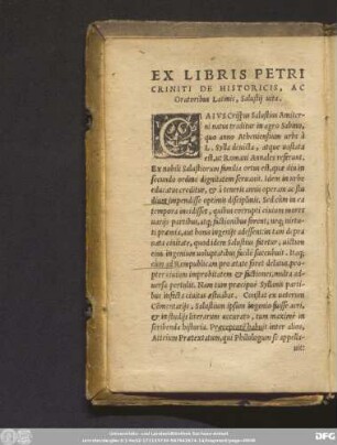 Ex Libris Petri Criniti De Historicis, Ac Oratoribus Latinis, Salustii vita.