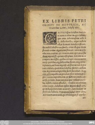 Ex Libris Petri Criniti De Historicis, Ac Oratoribus Latinis, Salustii vita.