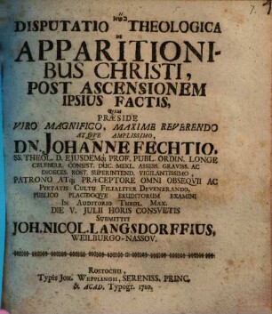 Disp. theol. de apparitionibus Christi post ascensionem ipsius factis