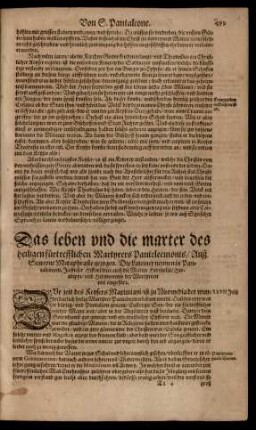 Das leben und die marter des heiligen ... Martyrers Panteleemonis/ ...
