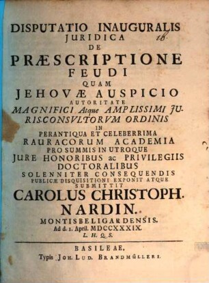 Disputatio inauguralis juridica de praescriptione feudi