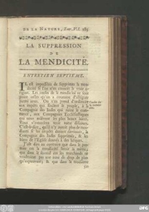 La Suppressin De La Mendicité. Entretien Septiéme.